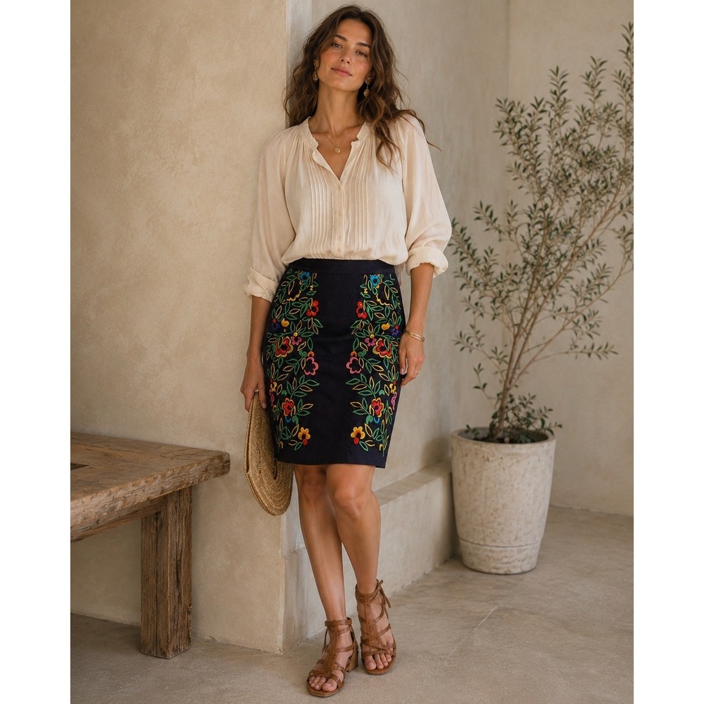Moulinette Soeurs Anthropologie Navy Blue Floral Embroidered Linen‎ Skirt Size 2